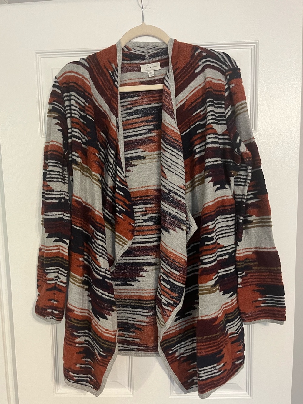 Lucky Brand Rust, Gray and Maroon Aztec-Inspired Striped Open-Front Cardigan